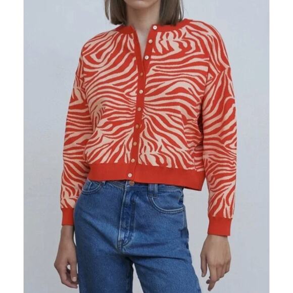 Zara Women's Cardigan Sweater Full Button Up Orange Zebra Size Medium - Picture 1 of 9